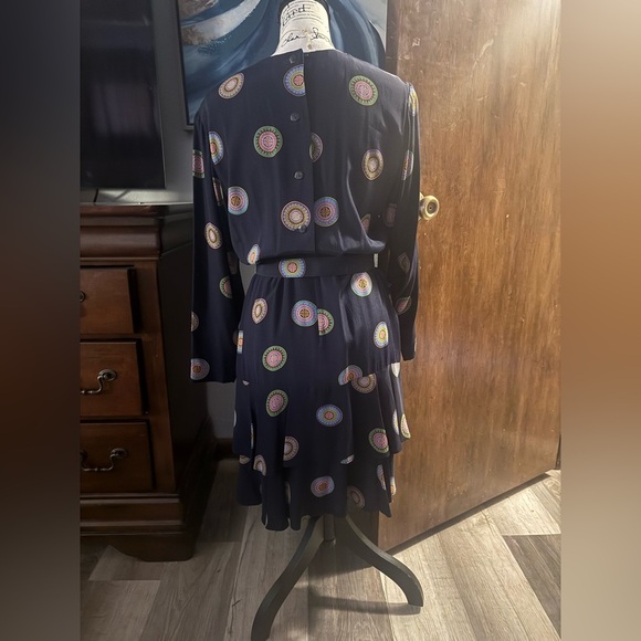 Real Vintage! Darling Navy Mandala Patterned Ruffle Belted Dress EUC!! - Picture 3 of 12